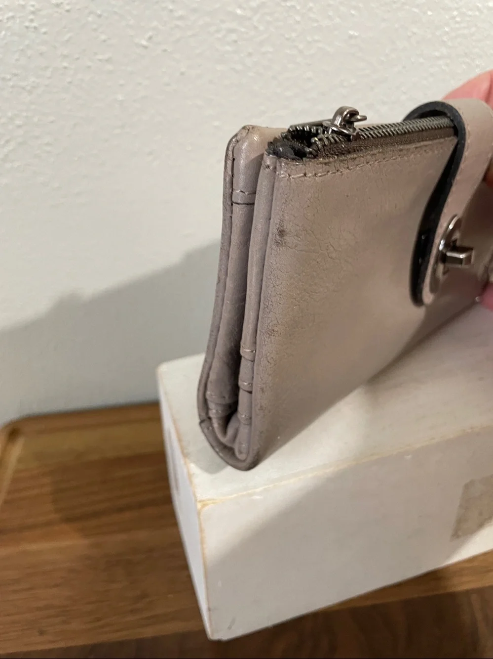 Patricia Nash Taupe Leather Wallet Turn Lock Magnetic Closure Organizer Card